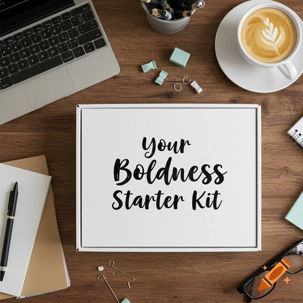 Flat lay of a wooden desk with a laptop, coffee cup, office supplies, and a white box labeled 'Your Boldness Starter Kit'.