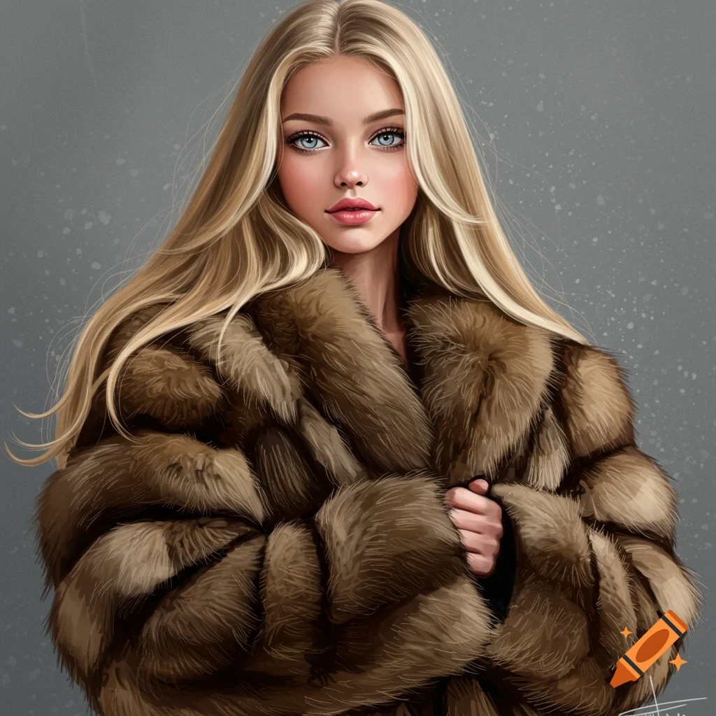 A woman with blonde hair and blue eyes wearing a large brown fur coat.
