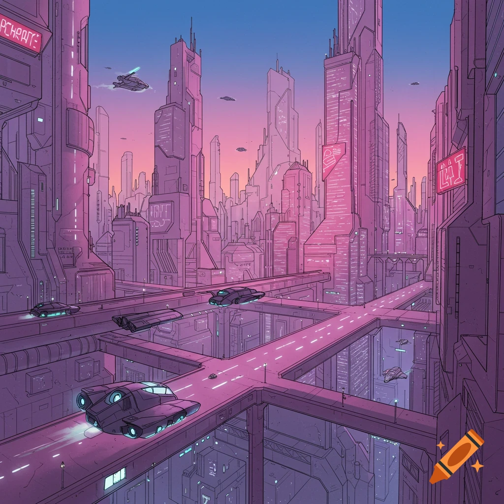 Illustrated futuristic city with flying cars
