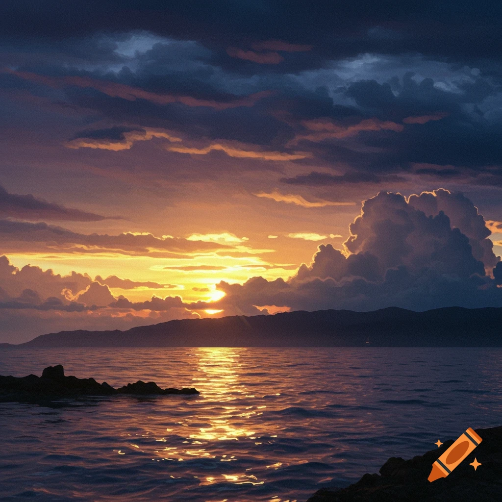A vibrant sunset over water with dark clouds and mountains.