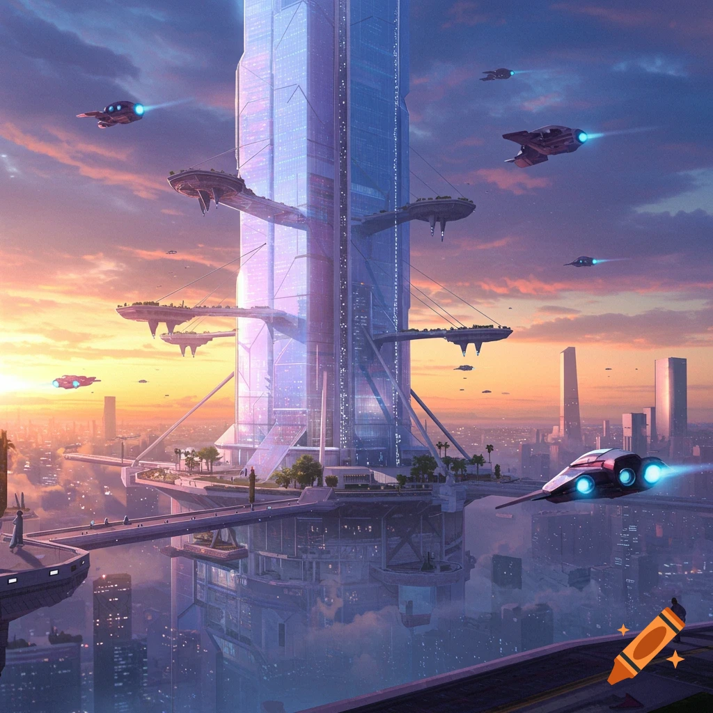 A futuristic city with a tall building and flying vehicles at sunset.