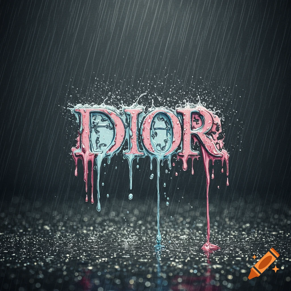 The word DIOR is shown dripping with pink and blue liquid. It appears to be raining, with water splatters visible on a dark background.