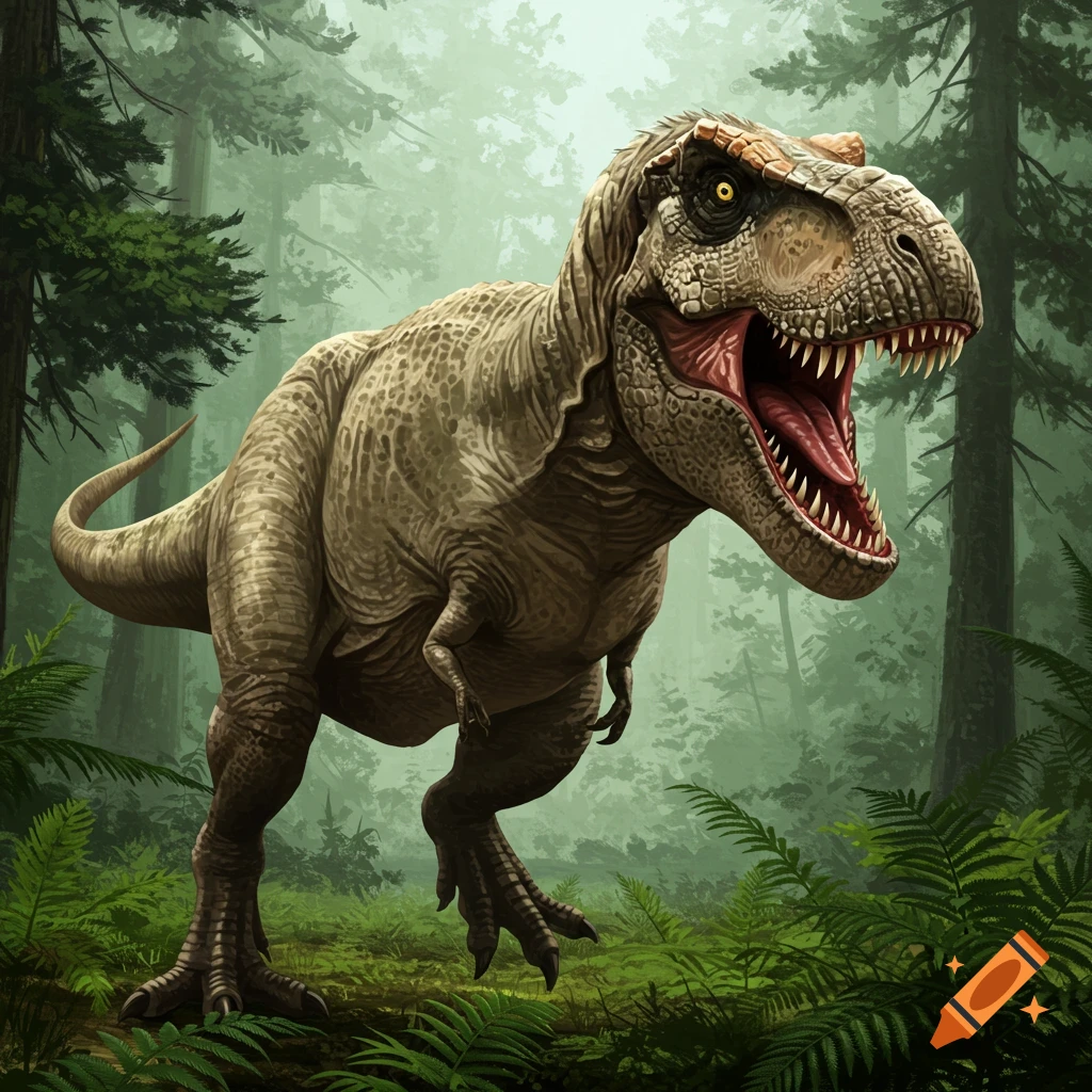 A large Tyrannosaurus Rex stands roaring in a prehistoric forest.