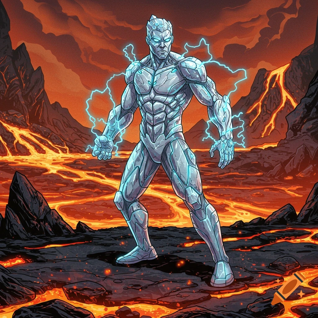 Comic book illustration of a crystal superhero with electric powers standing in a lava landscape.