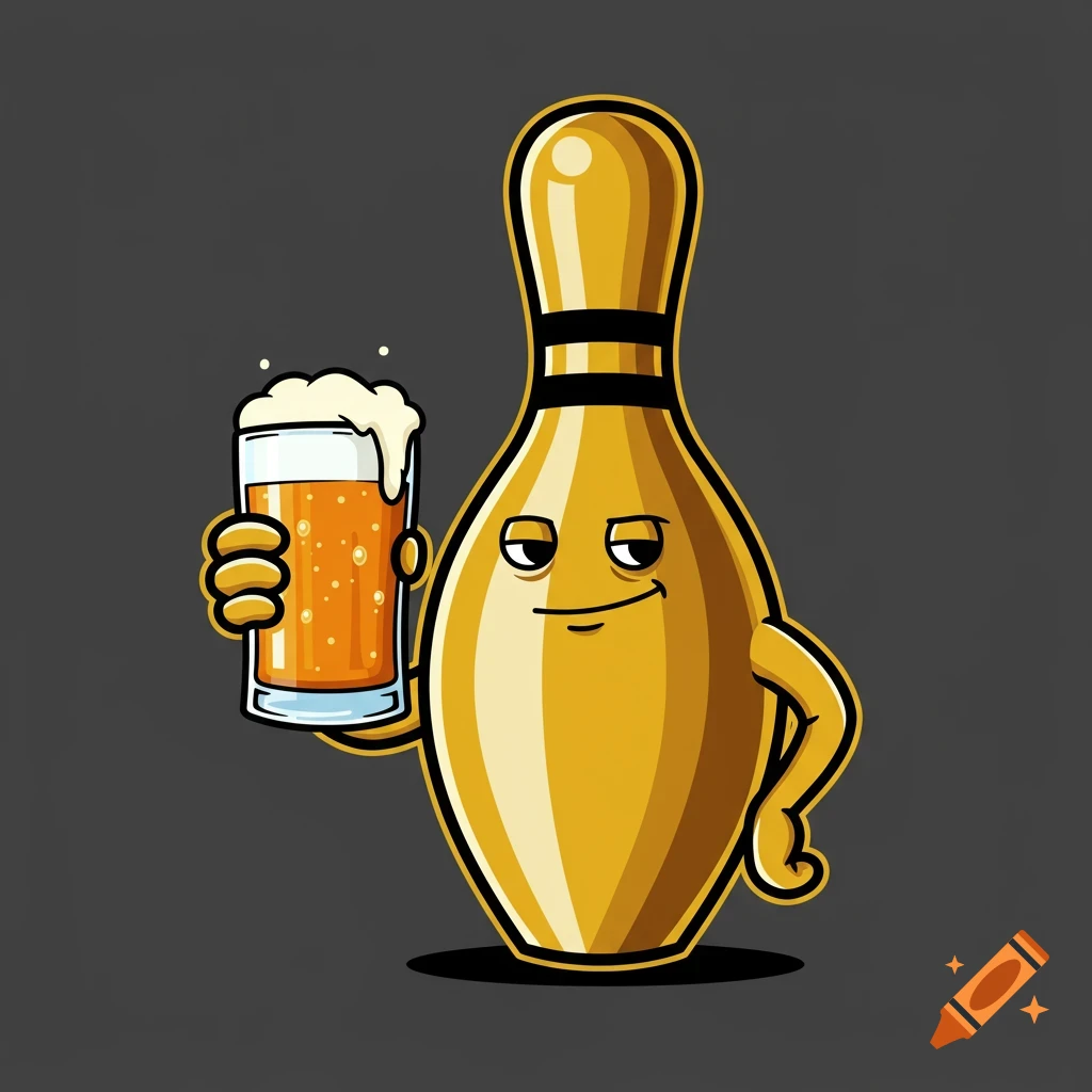 A cartoon gold bowling pin holds a glass of beer in a vector graphic style.