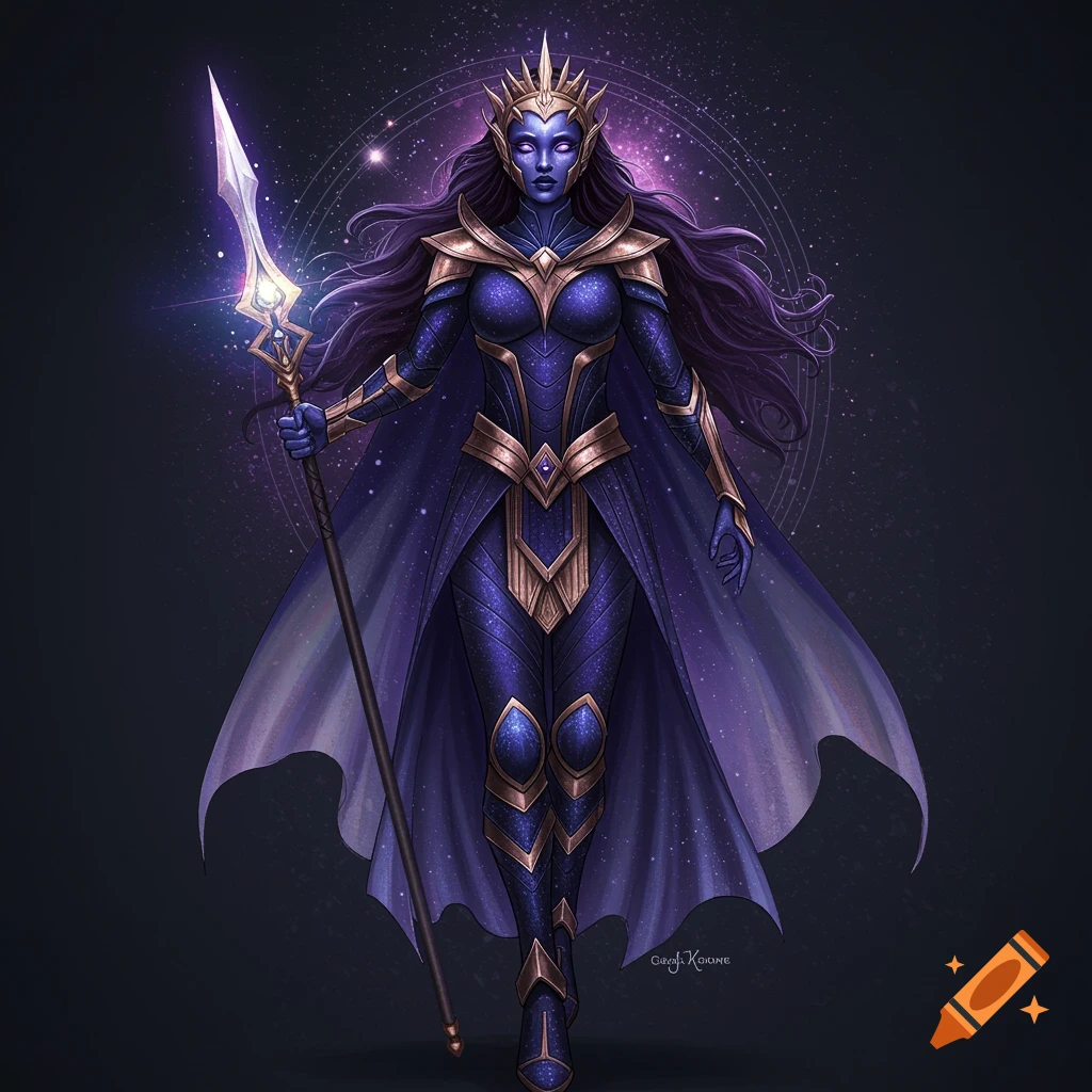Full body image of a warrior woman in blue and gold sci-fi fantasy armor, holding a staff, with a star background.