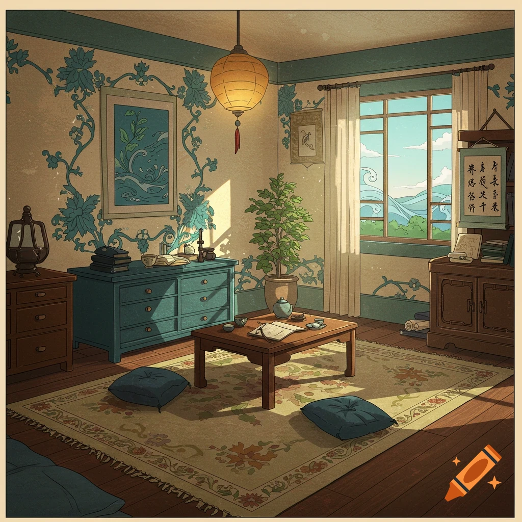An Asian-style room with floral wallpaper, low table, cushions, and window view.