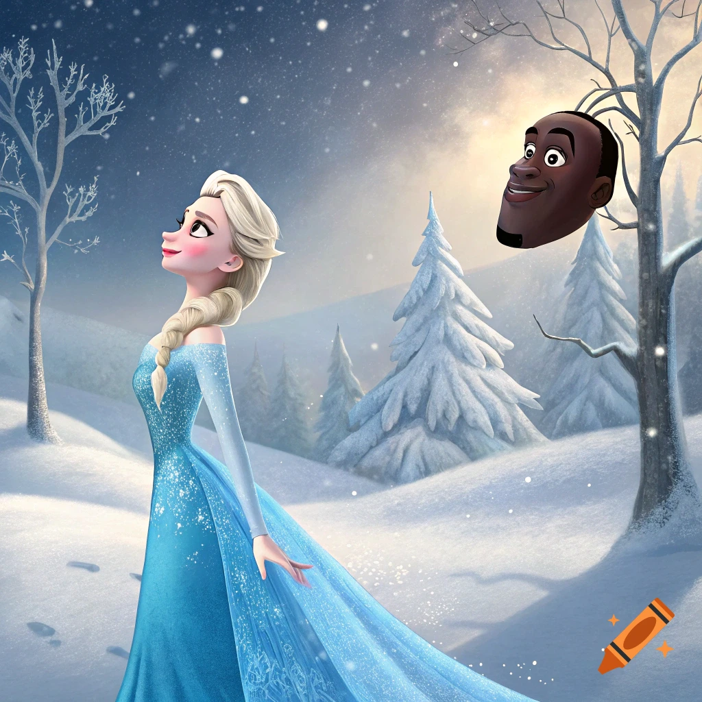 Elsa in a snowy landscape looks up at a floating head.
