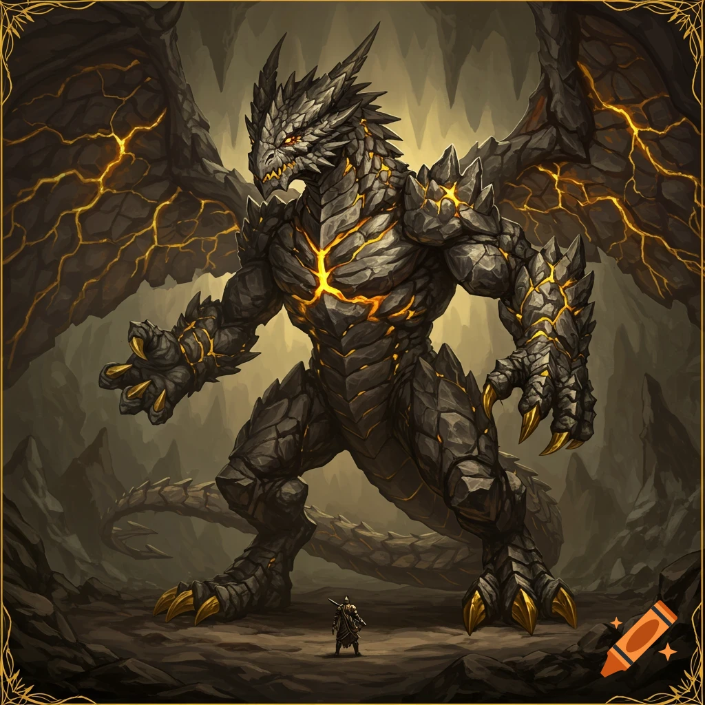 Large rock dragon with glowing gold cracks stands before a small human in a cave.
