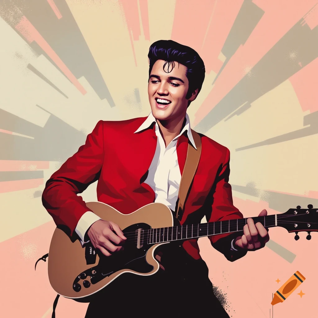 Elvis Presley in a red jacket playing guitar with a vintage background.