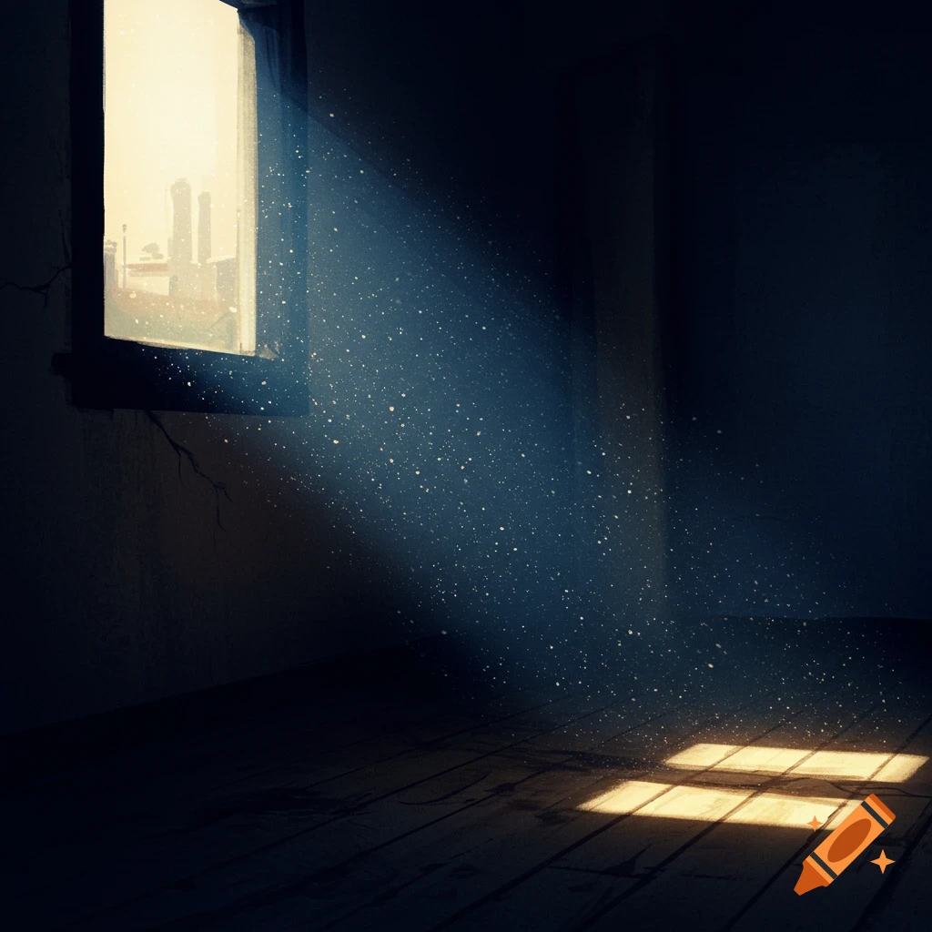 A dark room with a light beam shining through a window, illuminating dust motes.