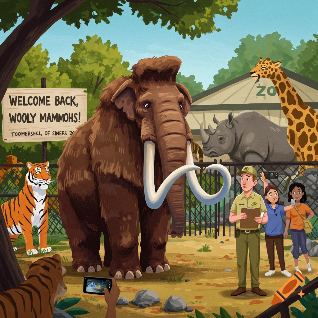 A woolly mammoth at a zoo with other animals and people looking on.