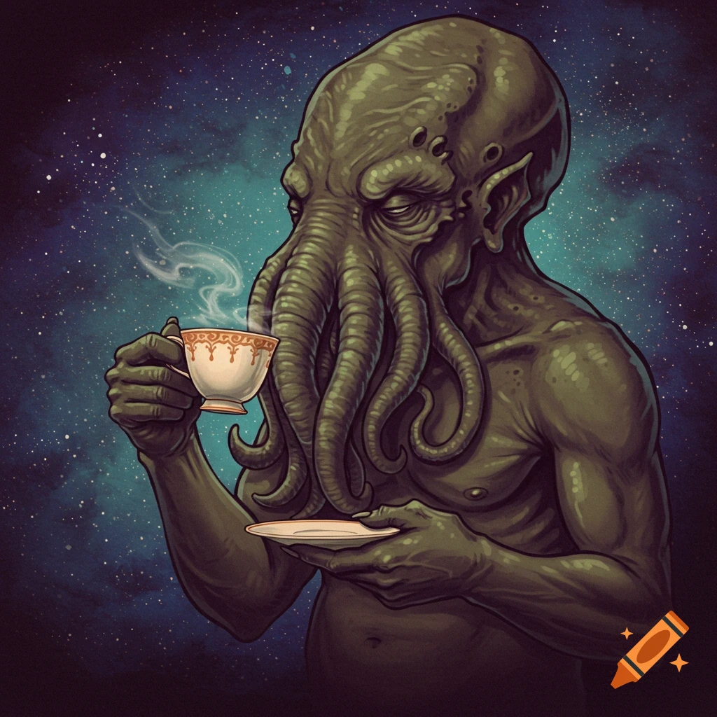 Cthulhu sipping a cup of tea against a starry night sky.