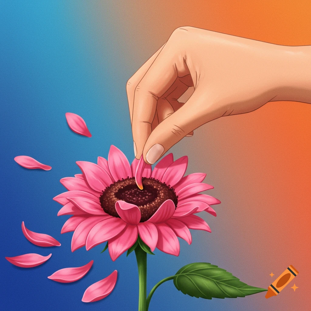 A hand plucks a petal from a pink flower against a gradient background.