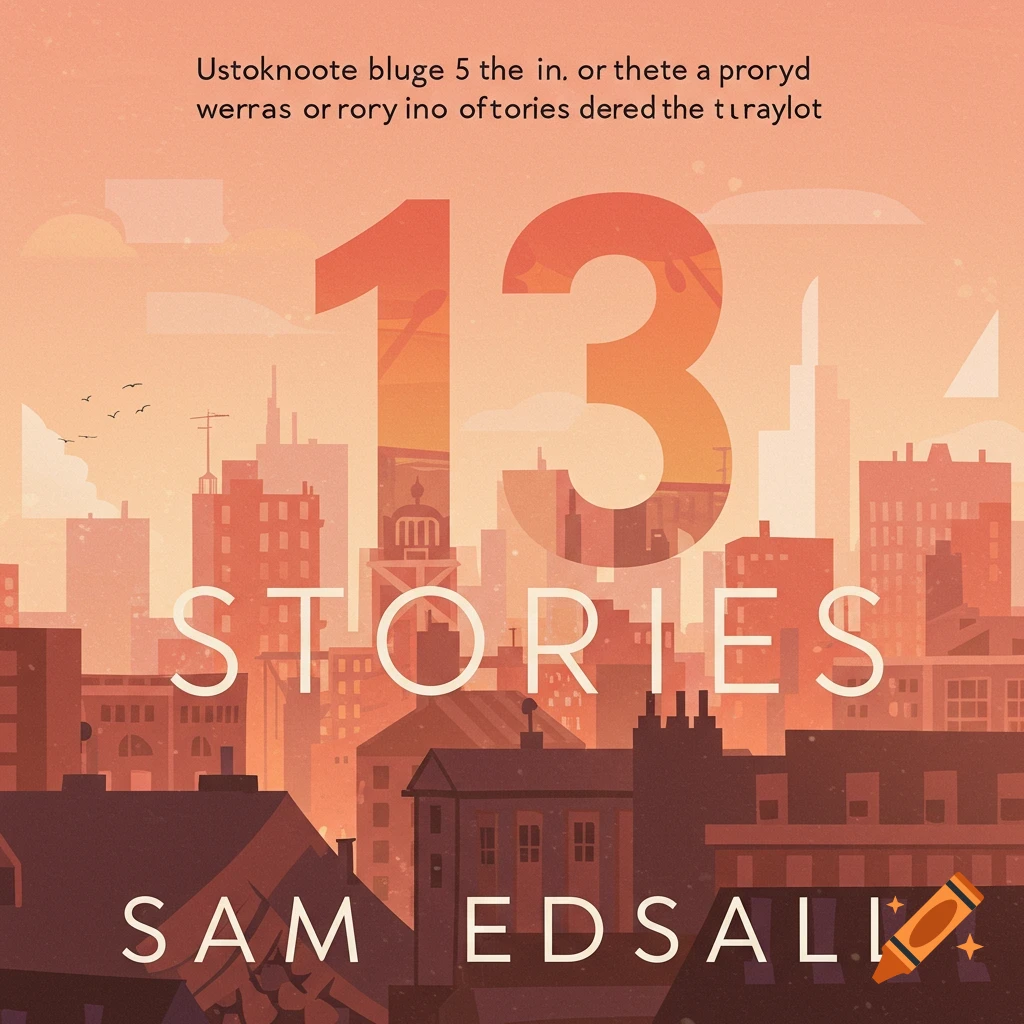 Illustration of a book cover with a cityscape and text '13 STORIES' and 'SAM EDSALL'.
