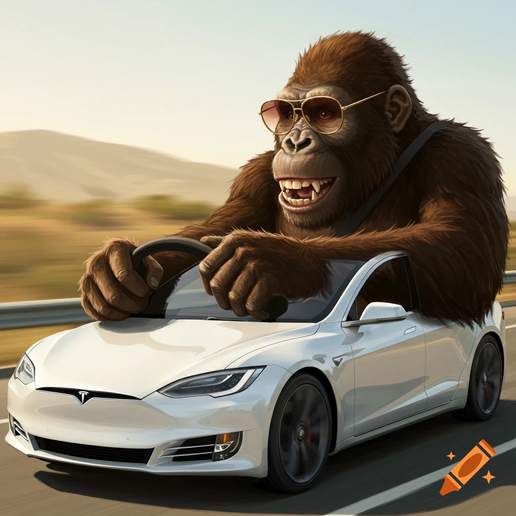 A gorilla wearing sunglasses driving a white Tesla car on a highway.