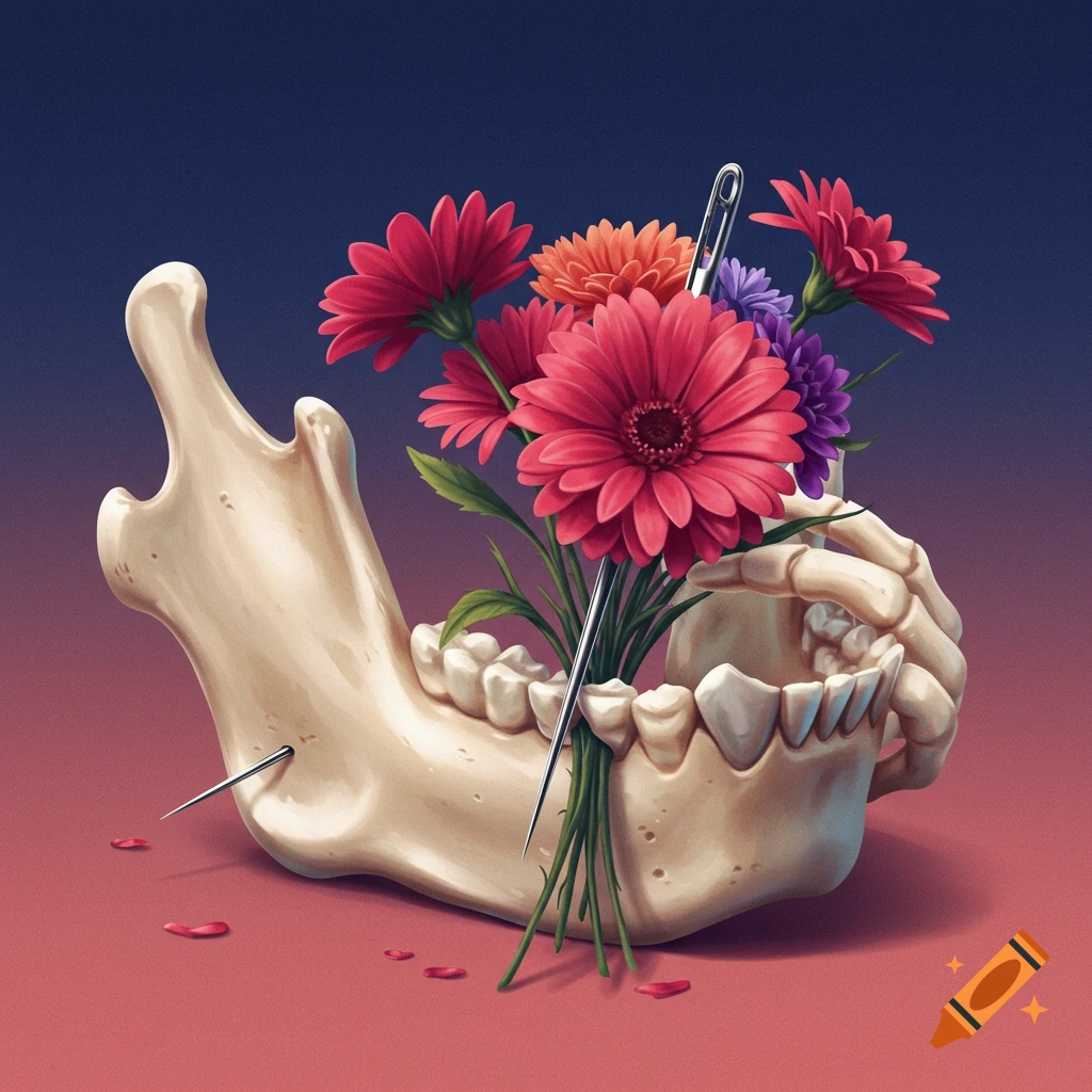 A human jaw bone filled with flowers, a needle, and thread.