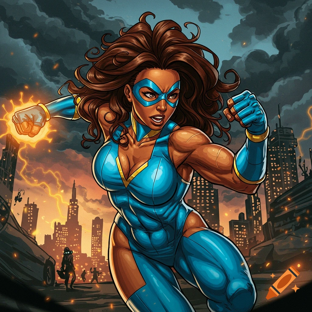 A superhero woman is punching with a glowing fist in a destroyed city.