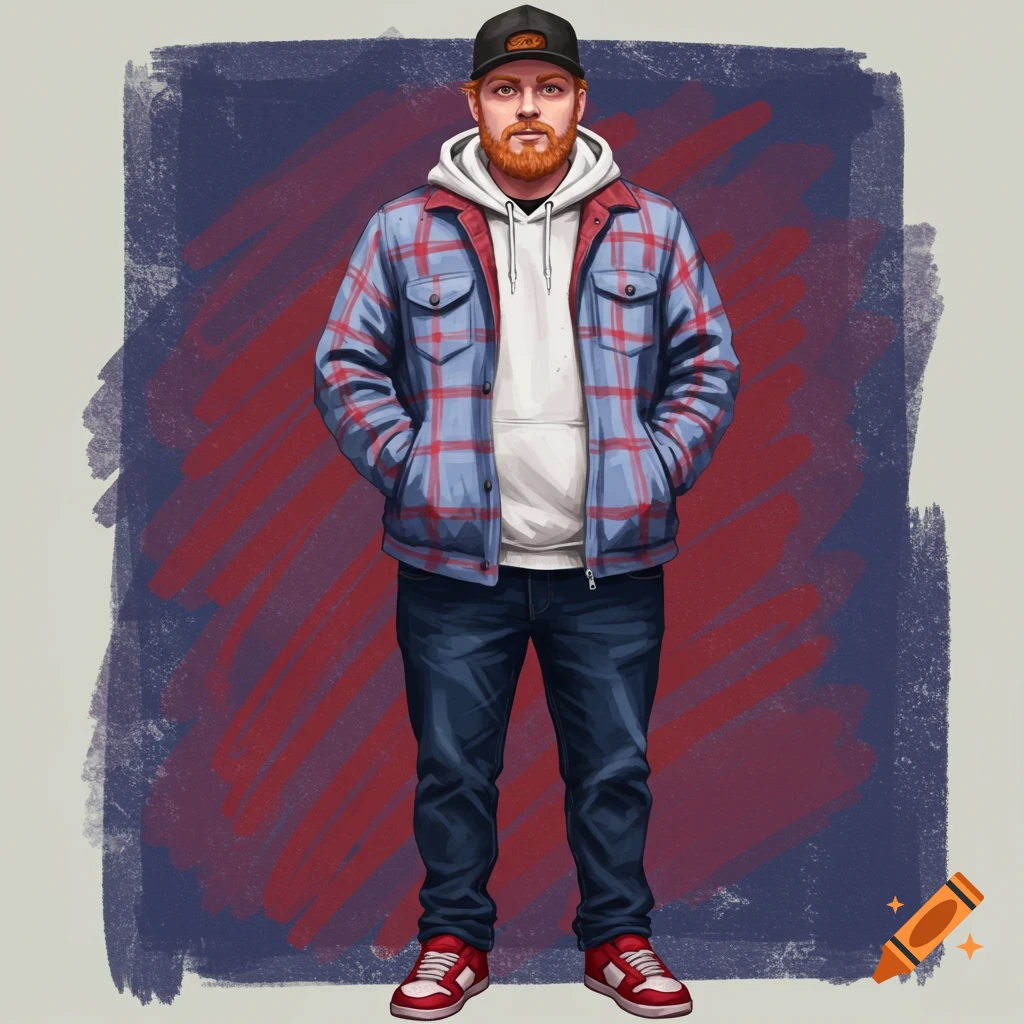 A man with a beard, wearing a baseball cap, flannel over a hoodie, jeans, and sneakers.