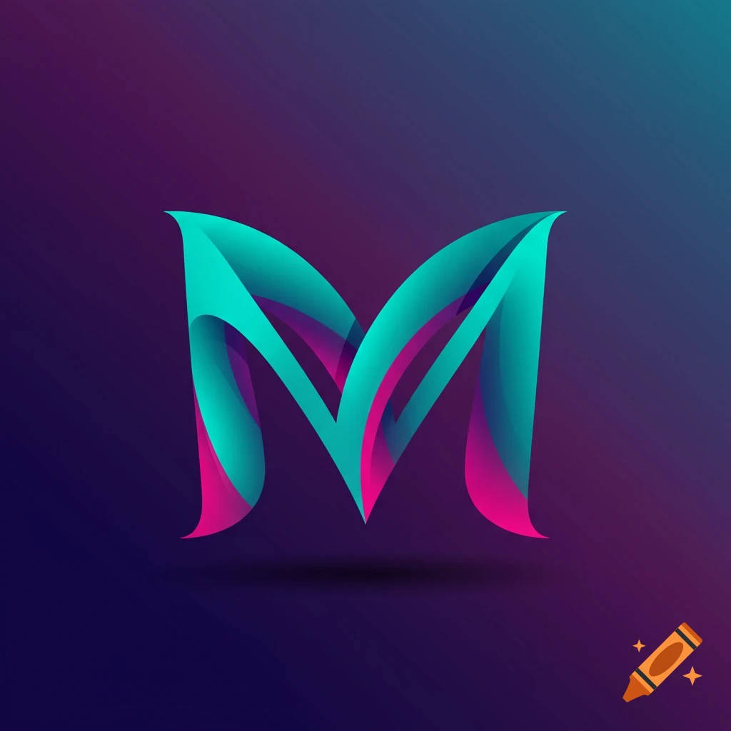 An abstract stylized letter M in teal and pink gradient colors on a dark purple background.