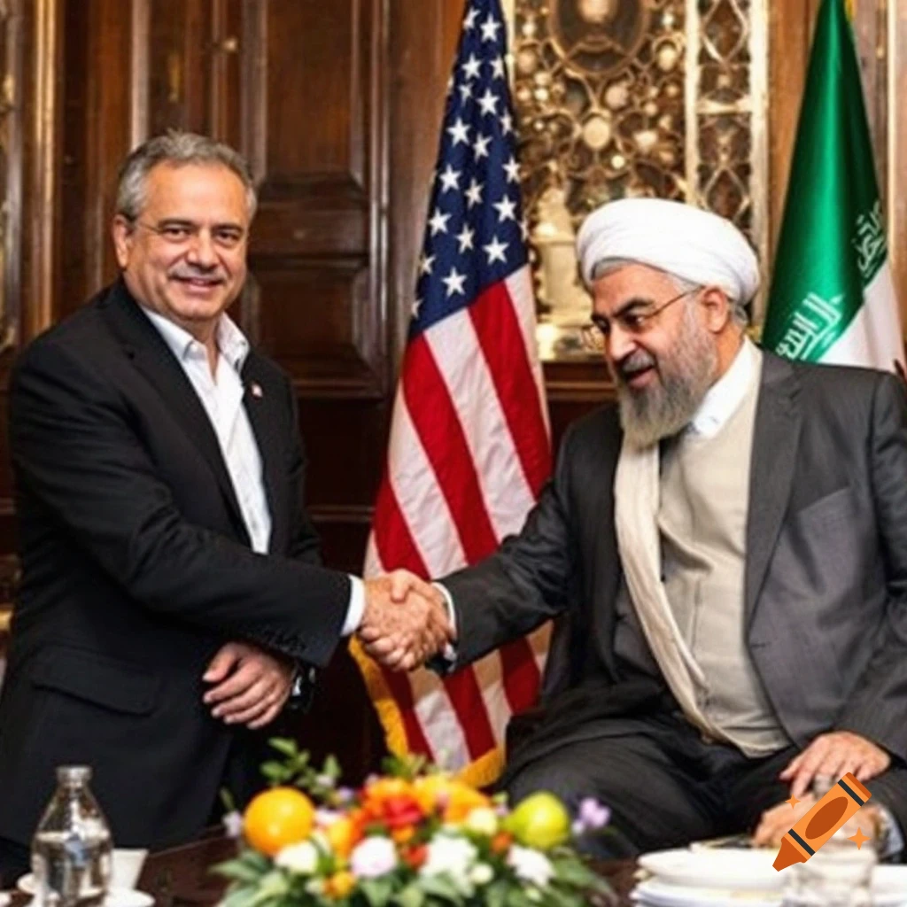Two men in suits shake hands in a meeting room with US and green flags
