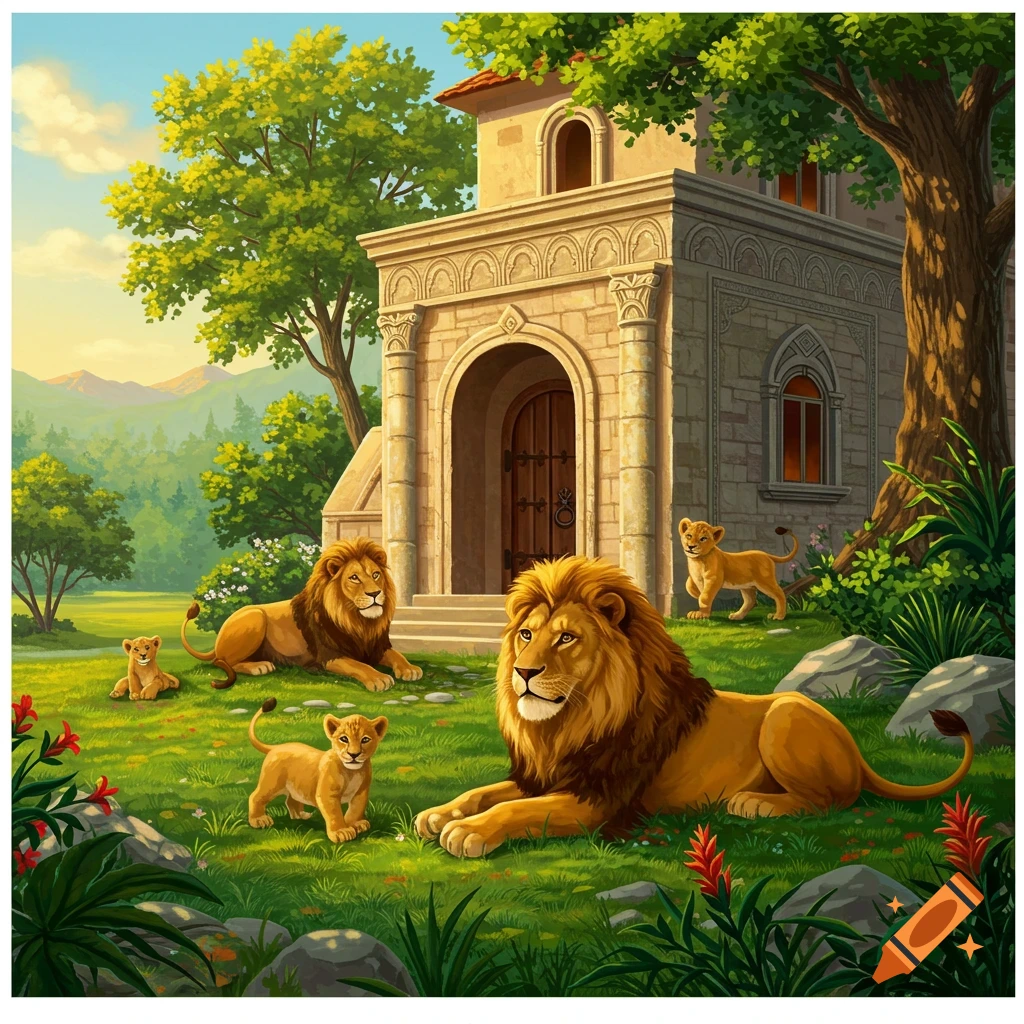 Adult lions and cubs near a fantasy stone building in a grassy landscape.