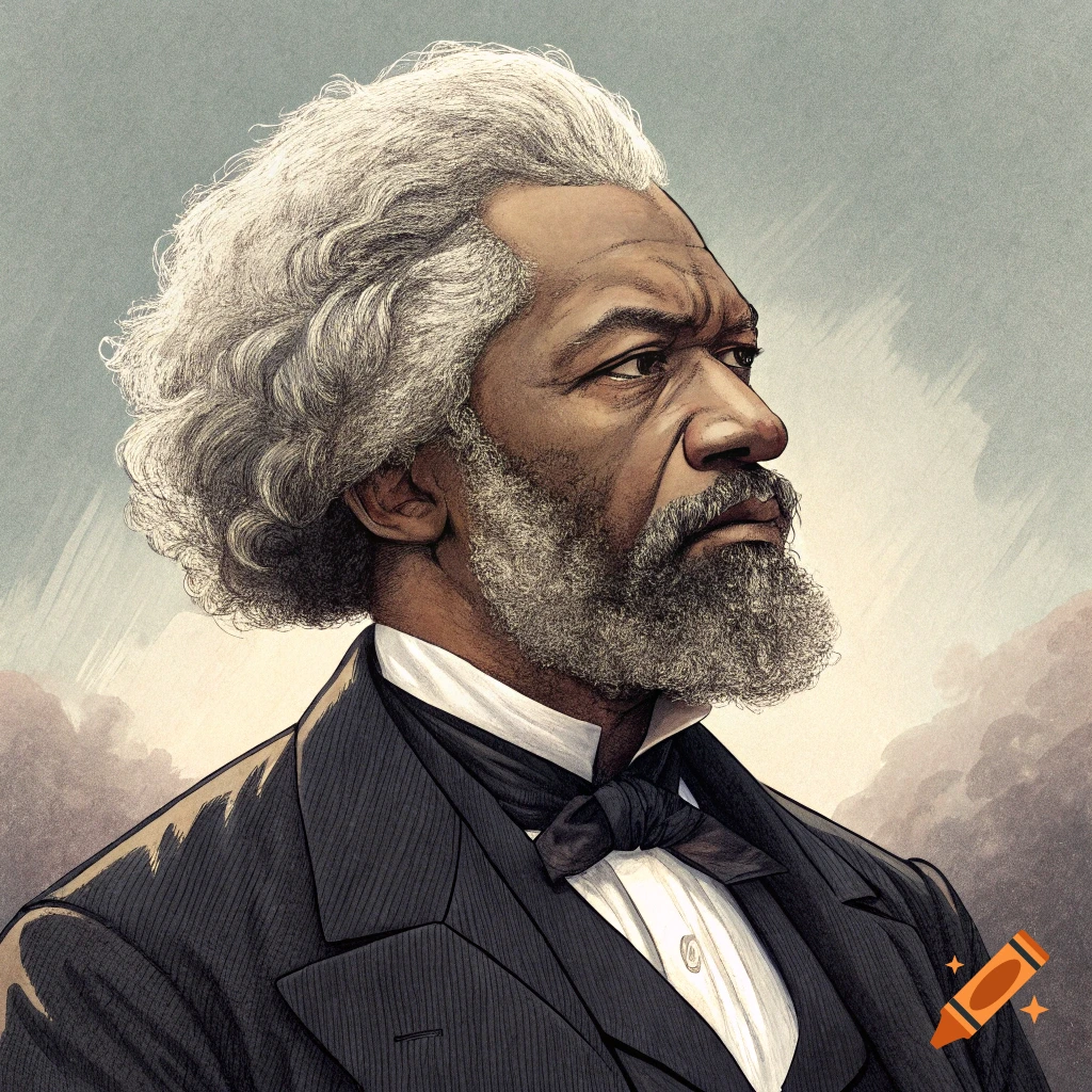 Portrait of Frederick Douglass in profile, wearing a suit and bowtie, against a cloudy background.
