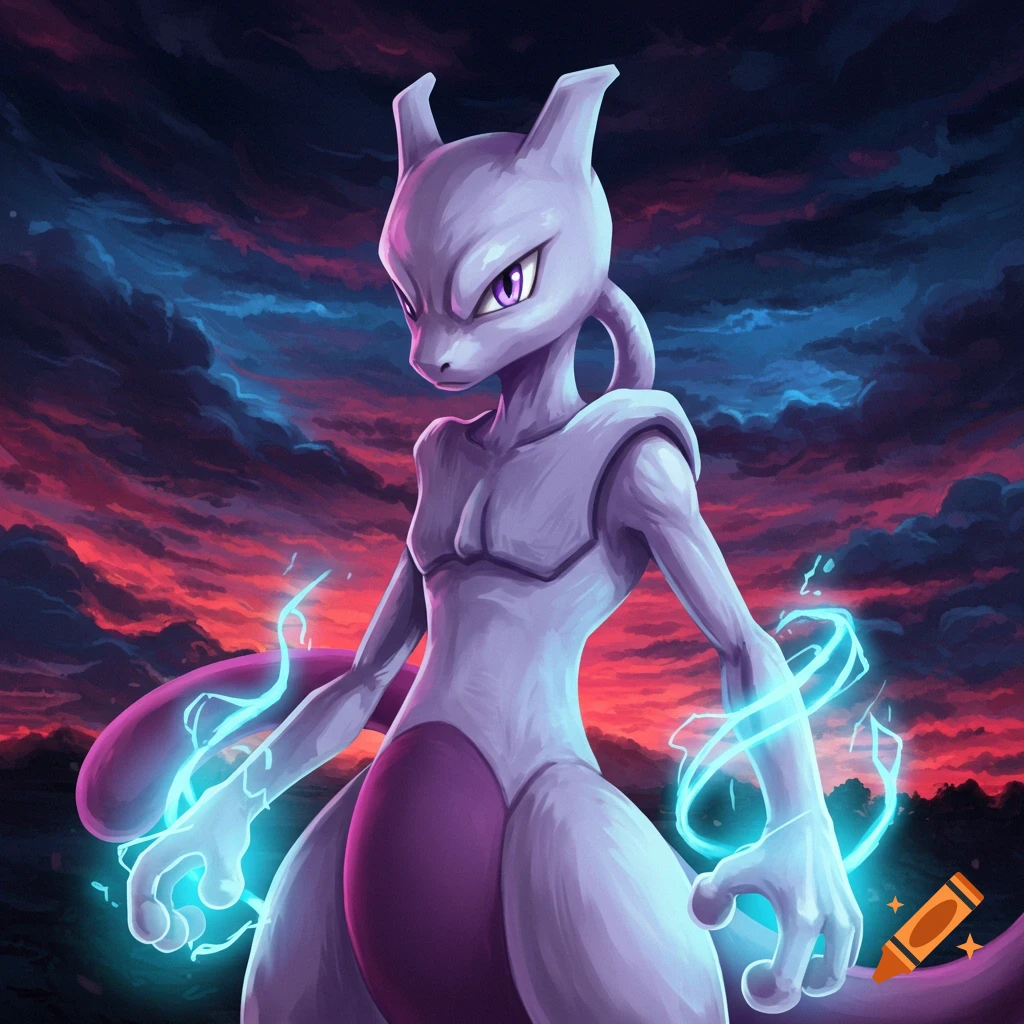 The Pokemon Mewtwo with energy effect against a dramatic sky