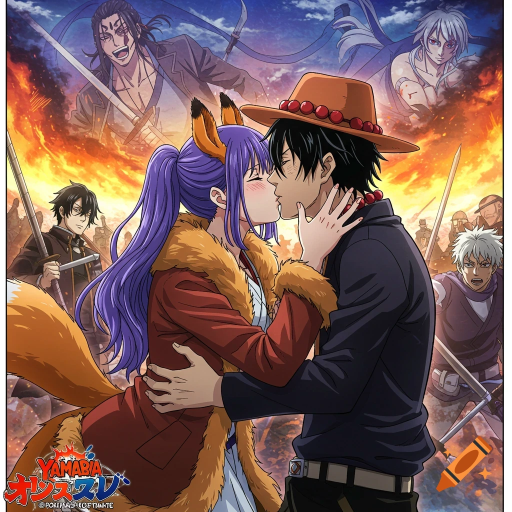Anime couple kissing in front of a battle scene with other characters.
