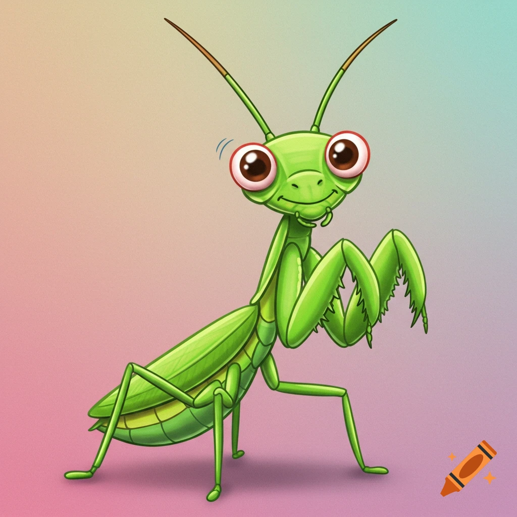 A cartoon praying mantis with big eyes stands on a gradient background.