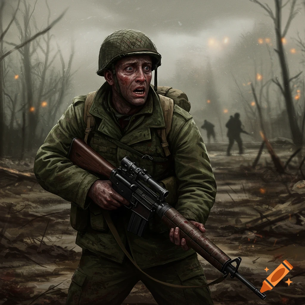 A scared soldier holds a rifle in a smoky, destroyed forest battlefield with explosions in the background.