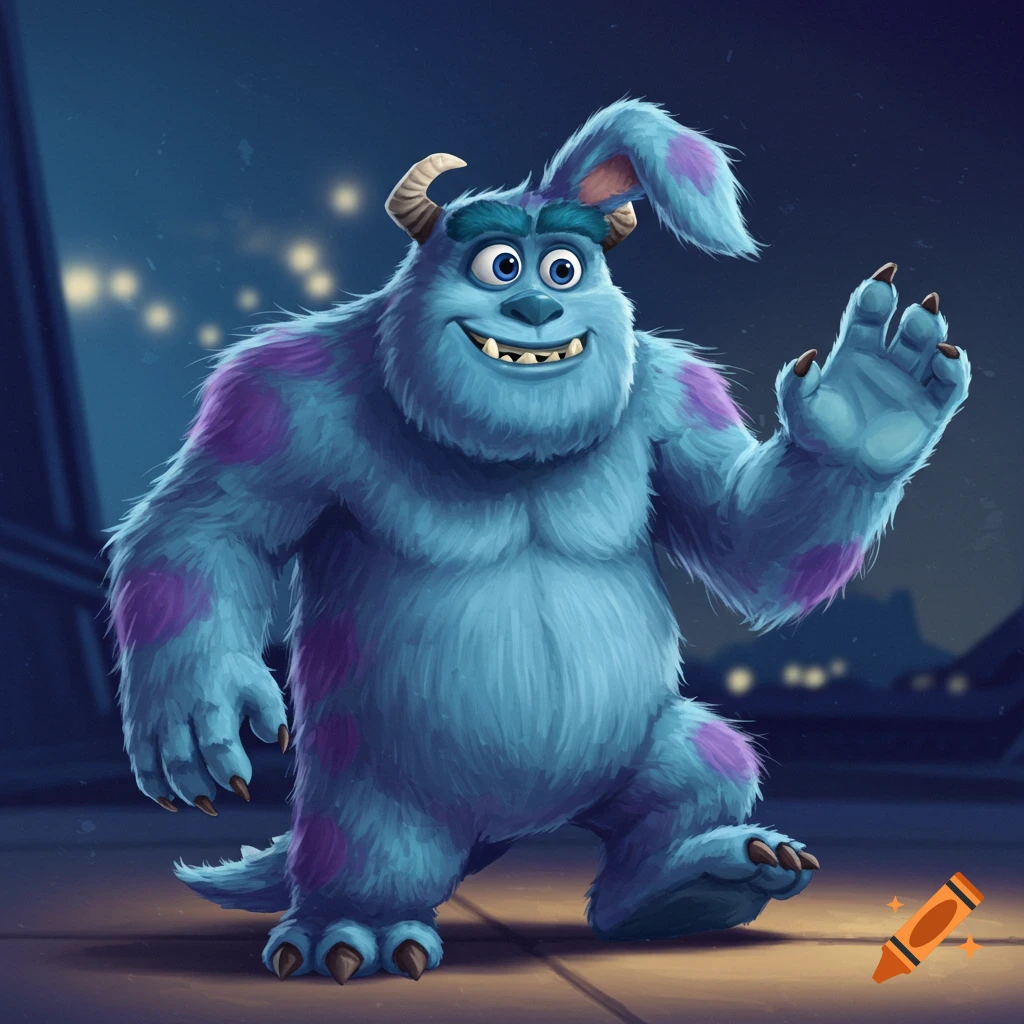 A blue furry monster with purple spots and bunny ears waving.