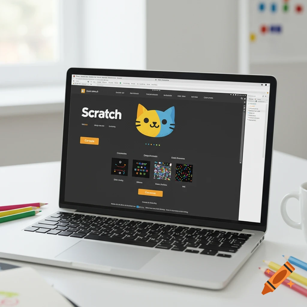 Laptop displaying the Scratch programming website interface on a white desk with pencils and a mug.