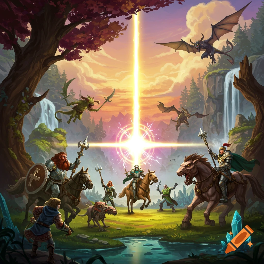 Fantasy characters including knights, dwarf, goblins, and dragons in a landscape with waterfalls and a light beam.