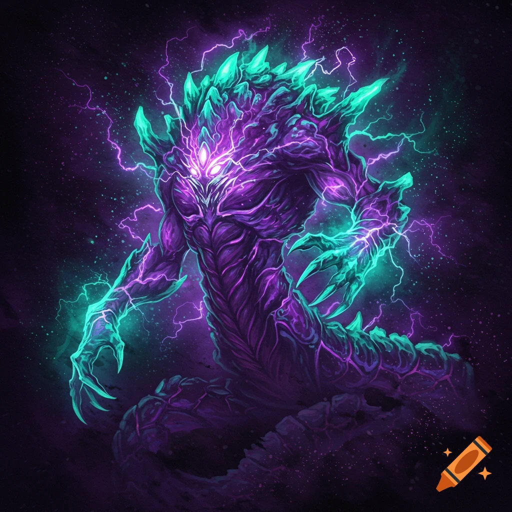 A purple and teal glowing monster is surrounded by lightning.