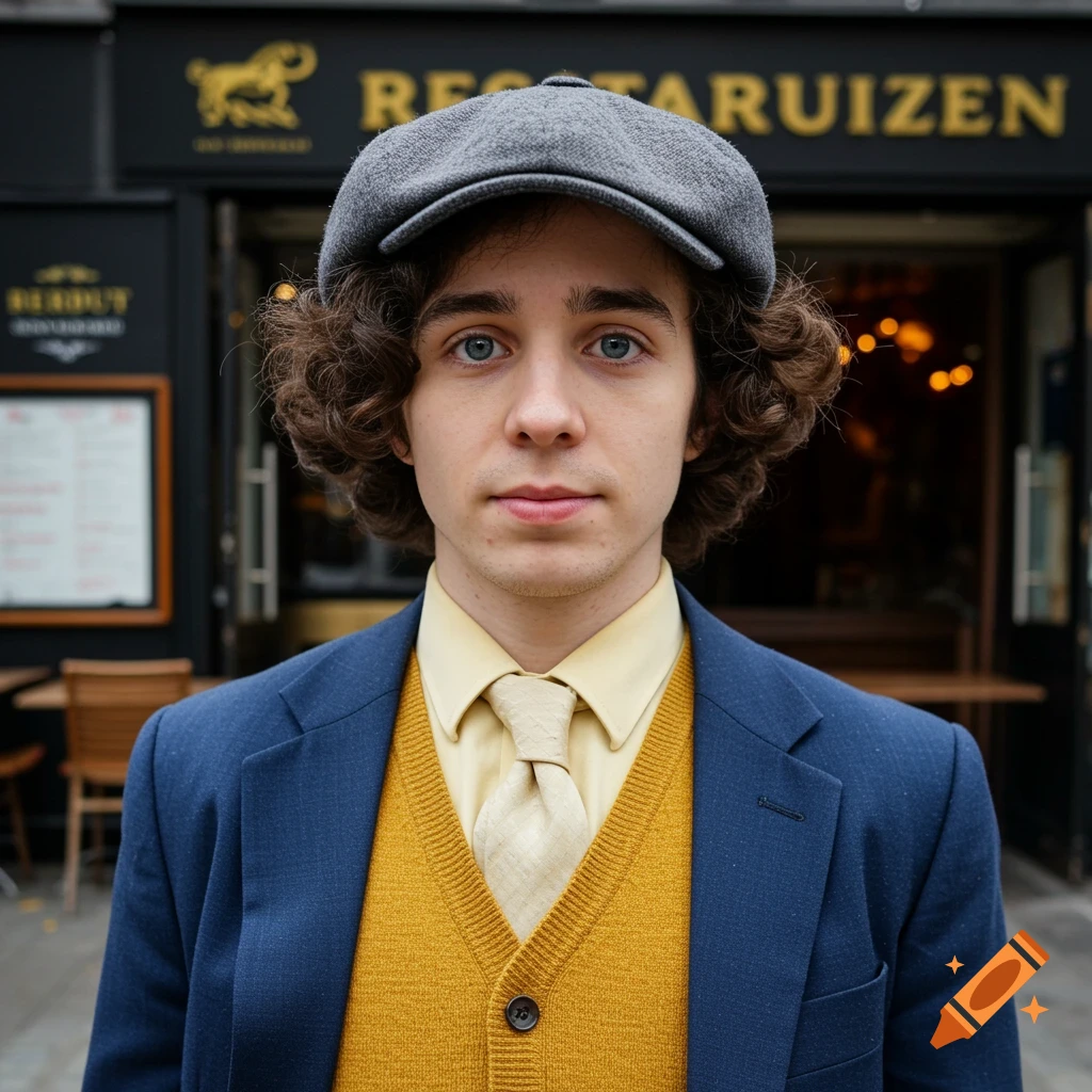 A young man with curly hair wearing a blue suit jacket, yellow vest, and flat cap stands in front of a restaurant.