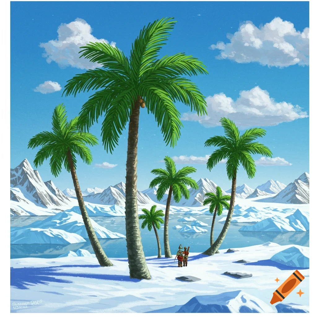 Palm trees stand in a snowy landscape with mountains, water, and two small figures.