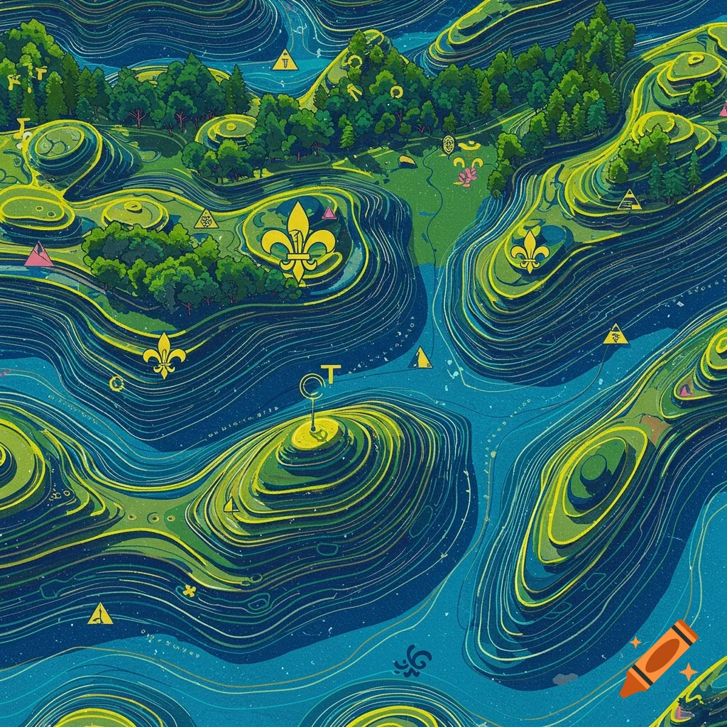 A landscape is shown with topography lines, trees, and scout symbols.
