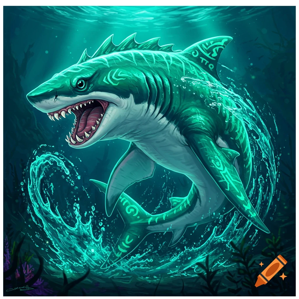 A stylized green and grey shark with tribal patterns swims underwater, mouth open, amidst glowing splashes.