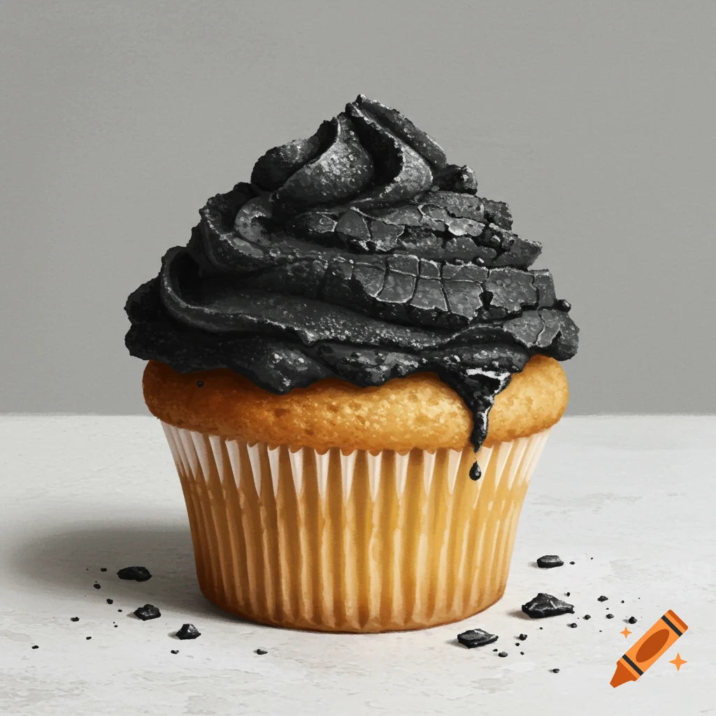 A cupcake topped with cracked black grout.