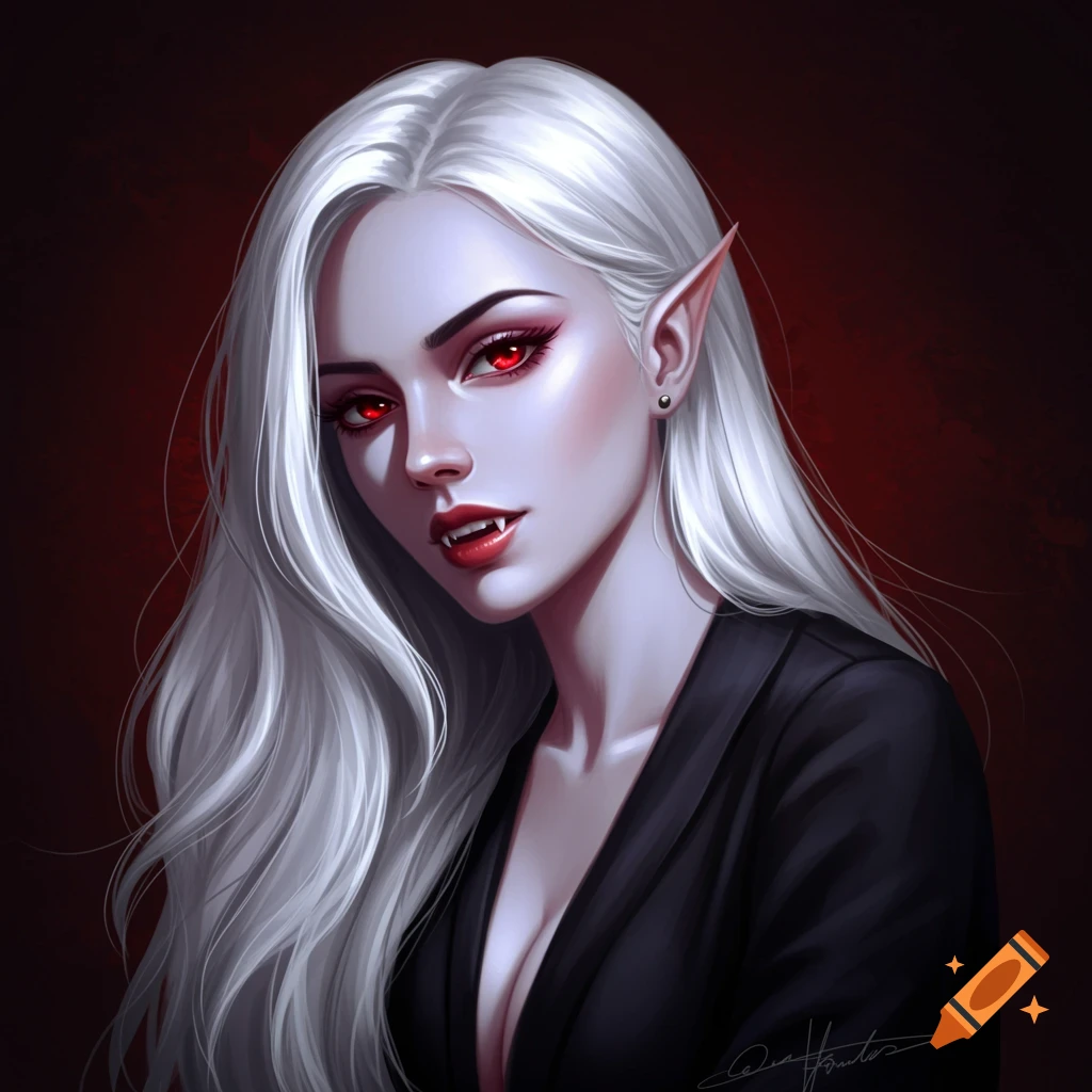 A fantasy woman with white hair, red eyes, fangs, and pointed ears, wearing a black outfit.