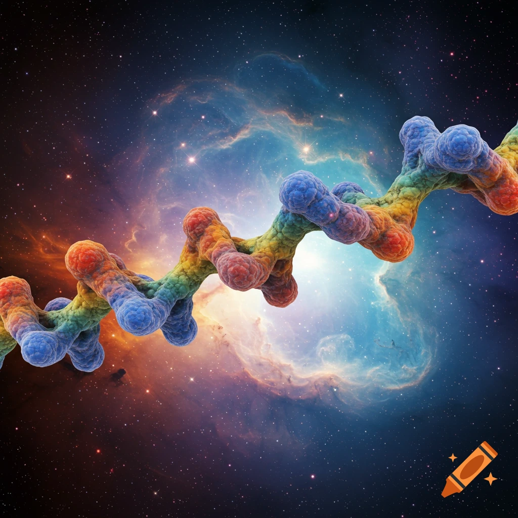 A colorful polymer chain floats in space with a nebula in the background.