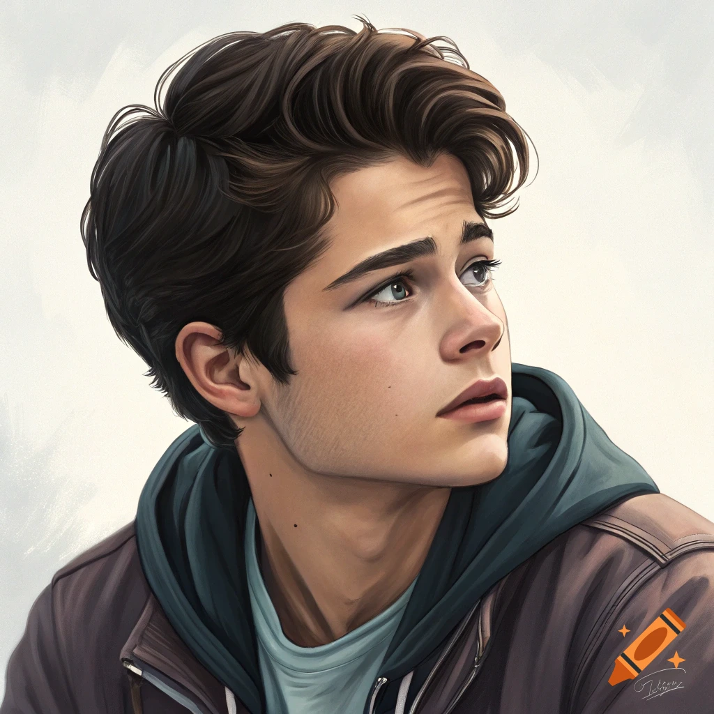 Illustrated portrait of a young man with brown hair looking up.