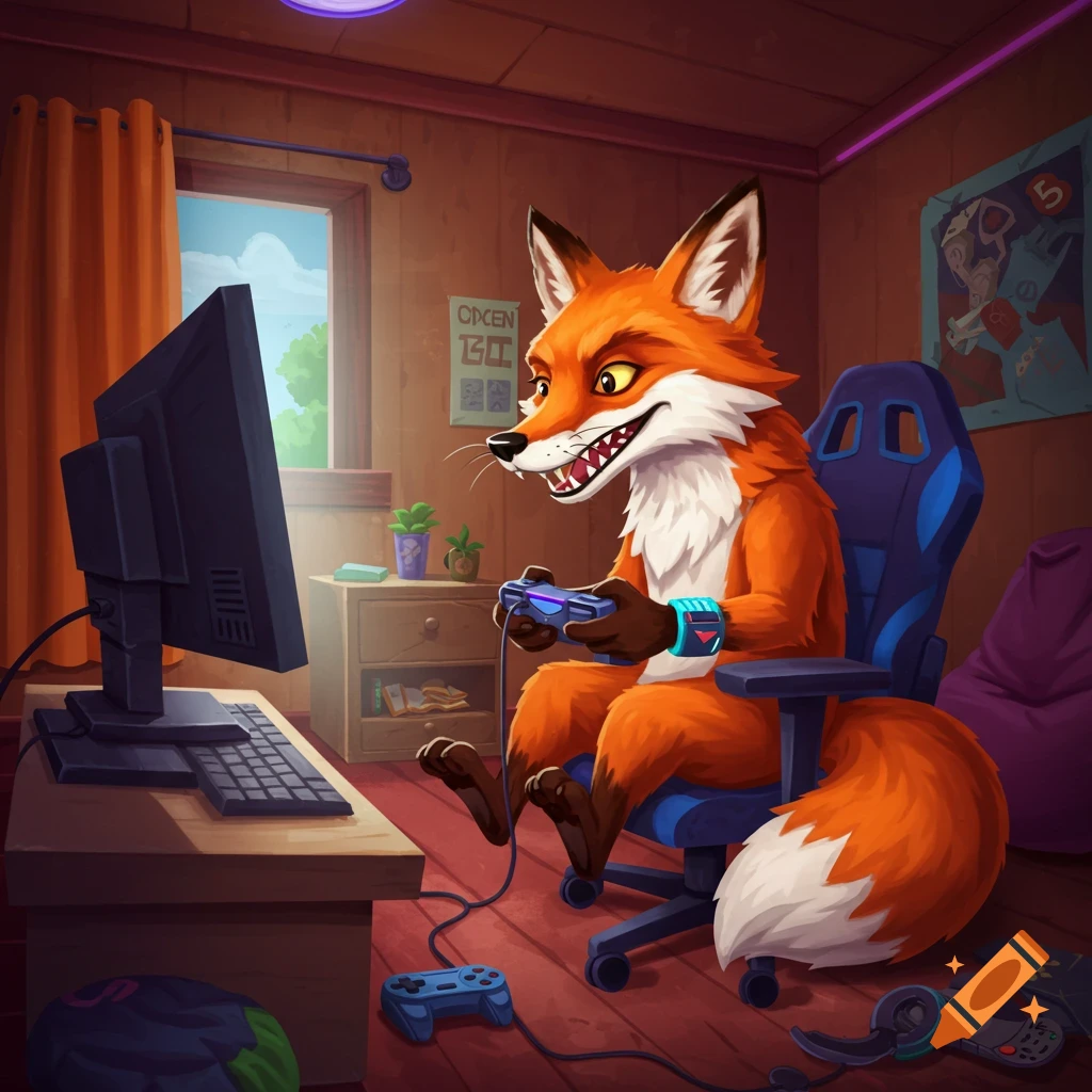 A cartoon fox sits in a gaming chair playing a video game on a monitor.