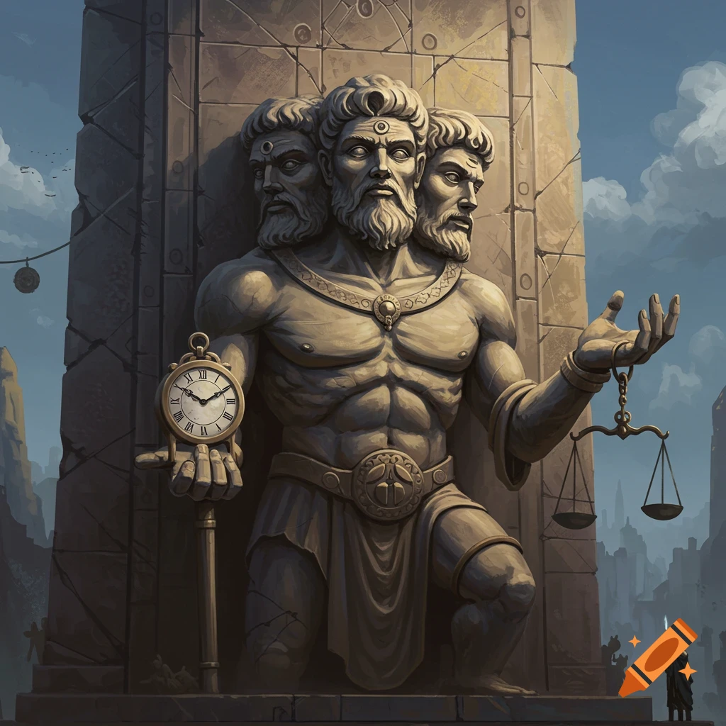 A large three-headed statue holding a clock and scales against a city backdrop.