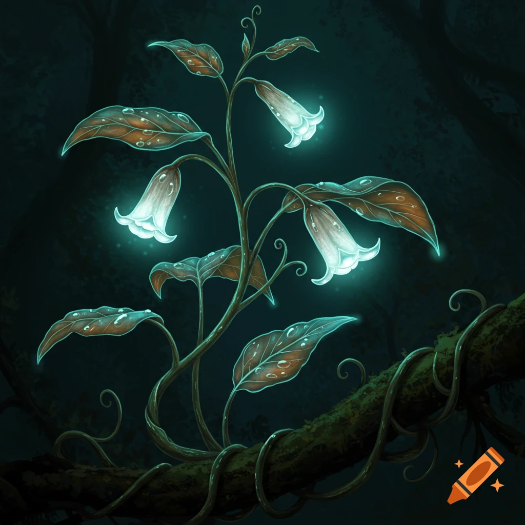 Glowing fantasy plant with bell flowers and leaves in a dark forest.
