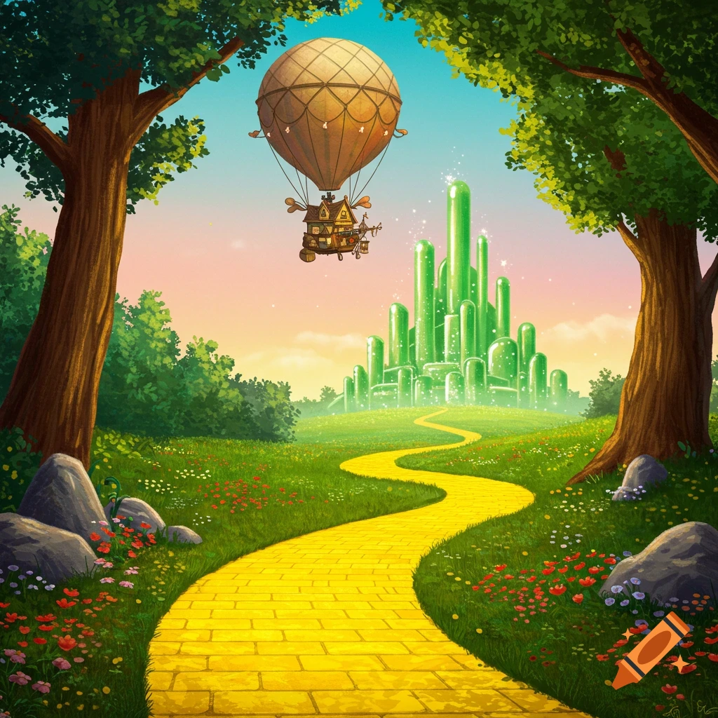 A winding yellow brick road leads to the Emerald City, with a house in a hot air balloon flying above.