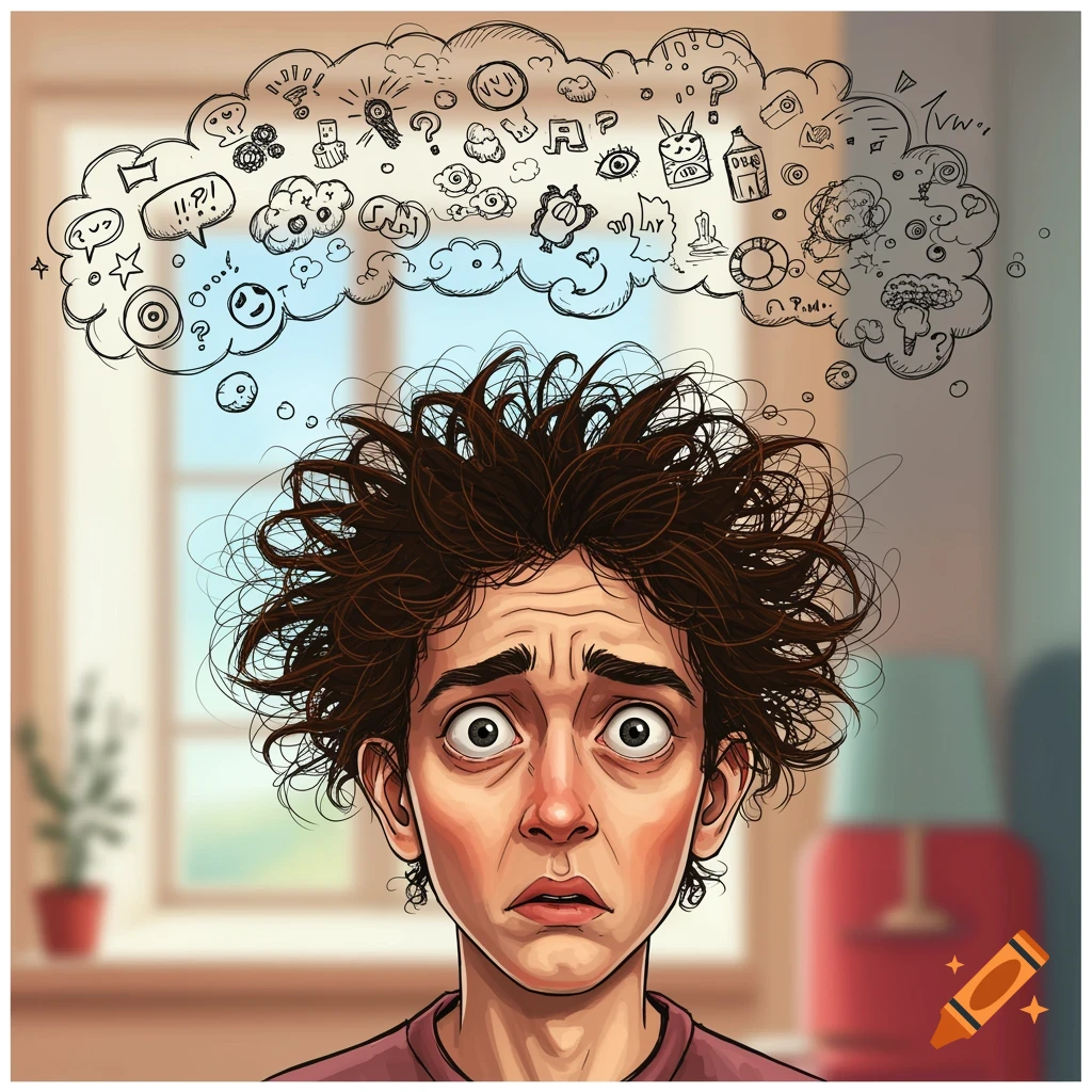 Cartoon illustration of a confused person with messy hair and thought bubbles above their head.
