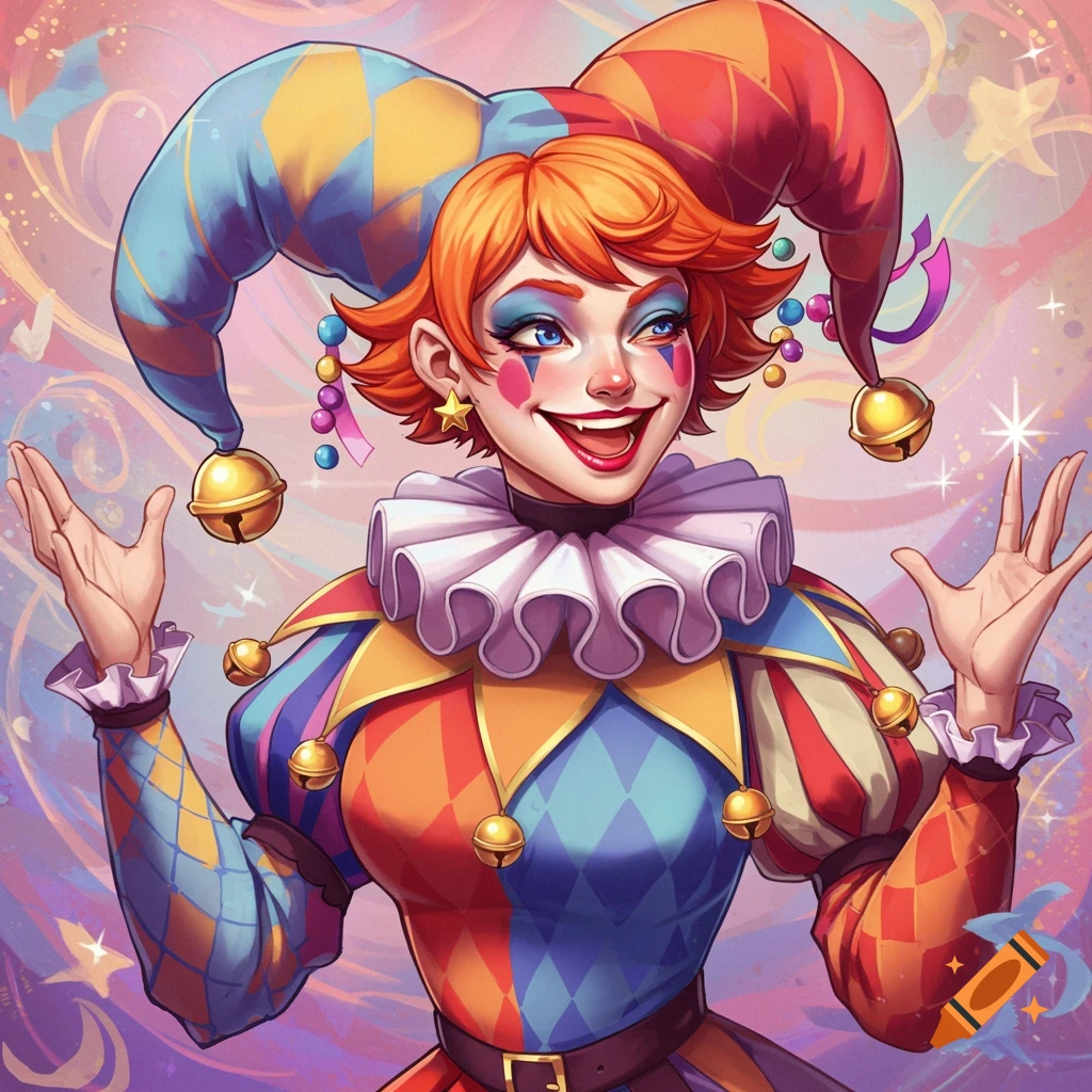 A cheerful female jester in a colorful costume with bells and a ruffled collar.