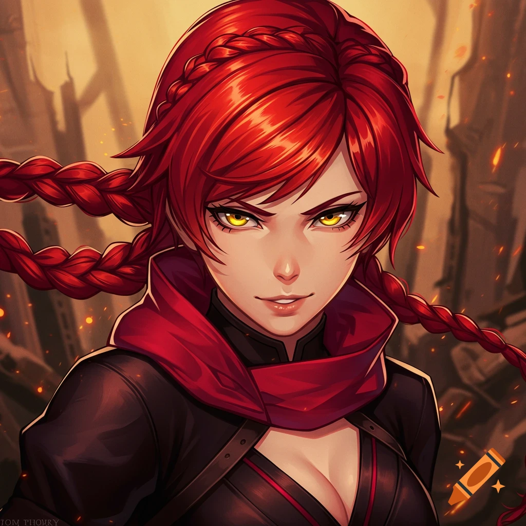 A red-haired woman with braided pigtails and yellow eyes